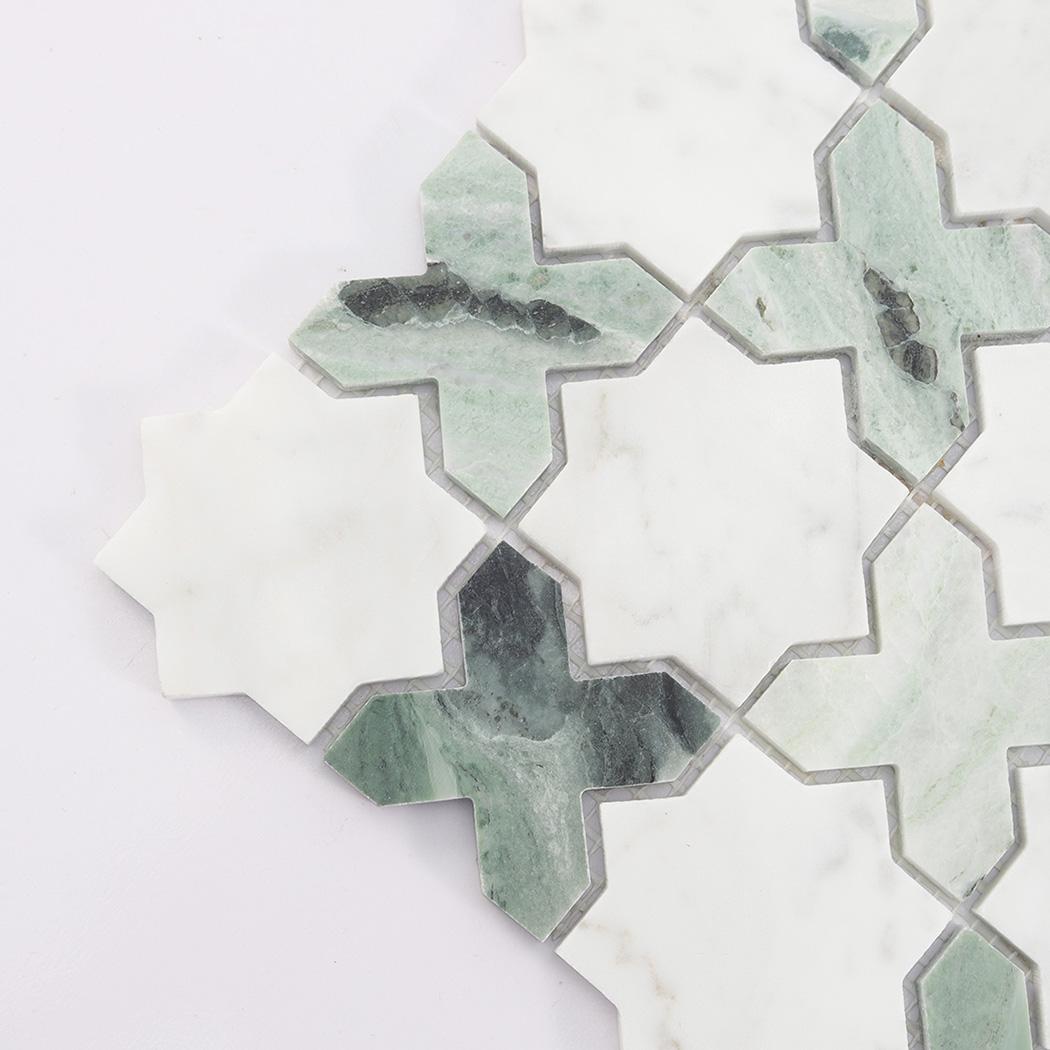 Geometria Marble Star Floor Tile White and Green Mosaic Wall — mosaic ghép nghệ thuật bằng đá marble trắng & xanh lục