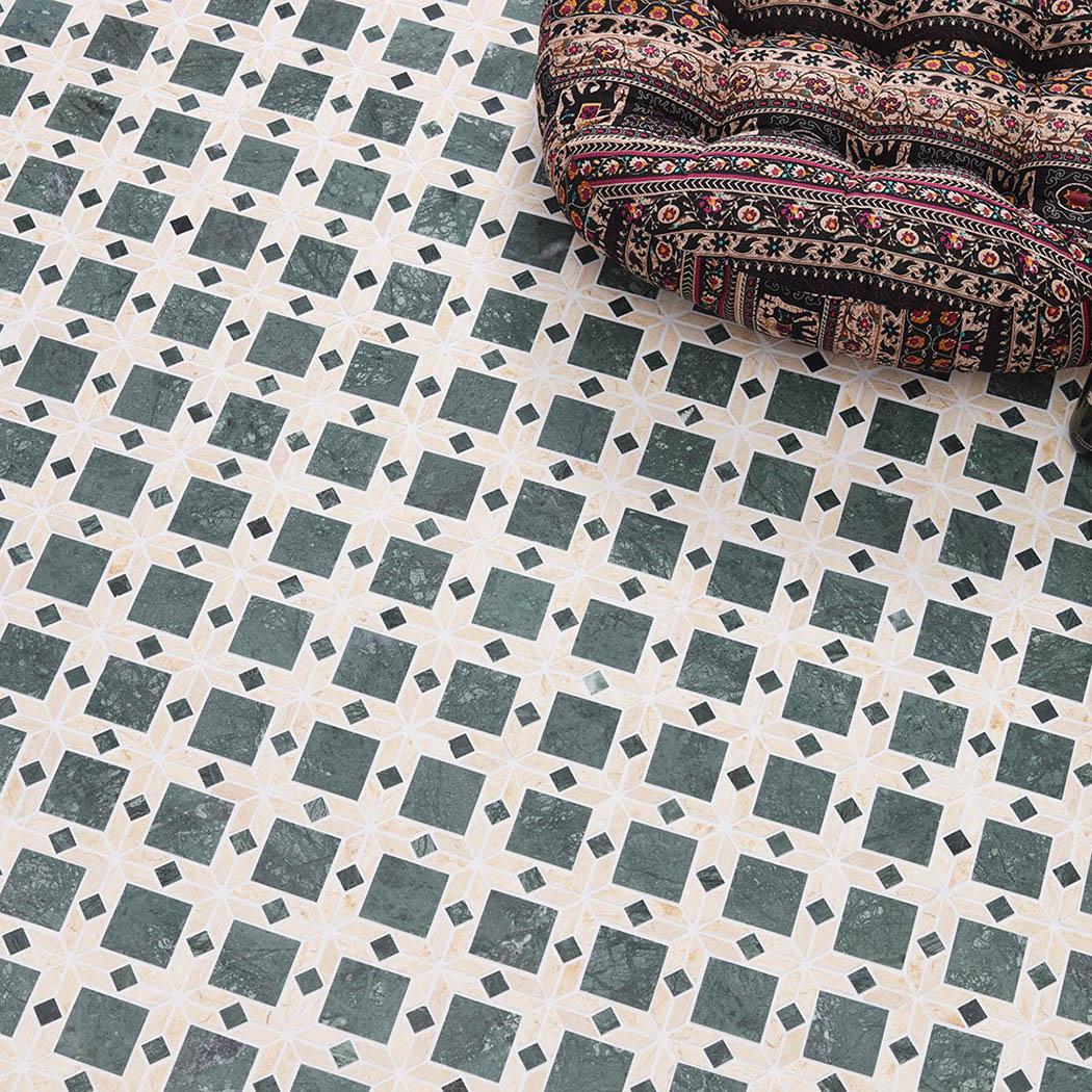 Polished Green Floral Marble Mosaic Tile — mosaic hoa văn waterjet bằng đá marble xanh lục