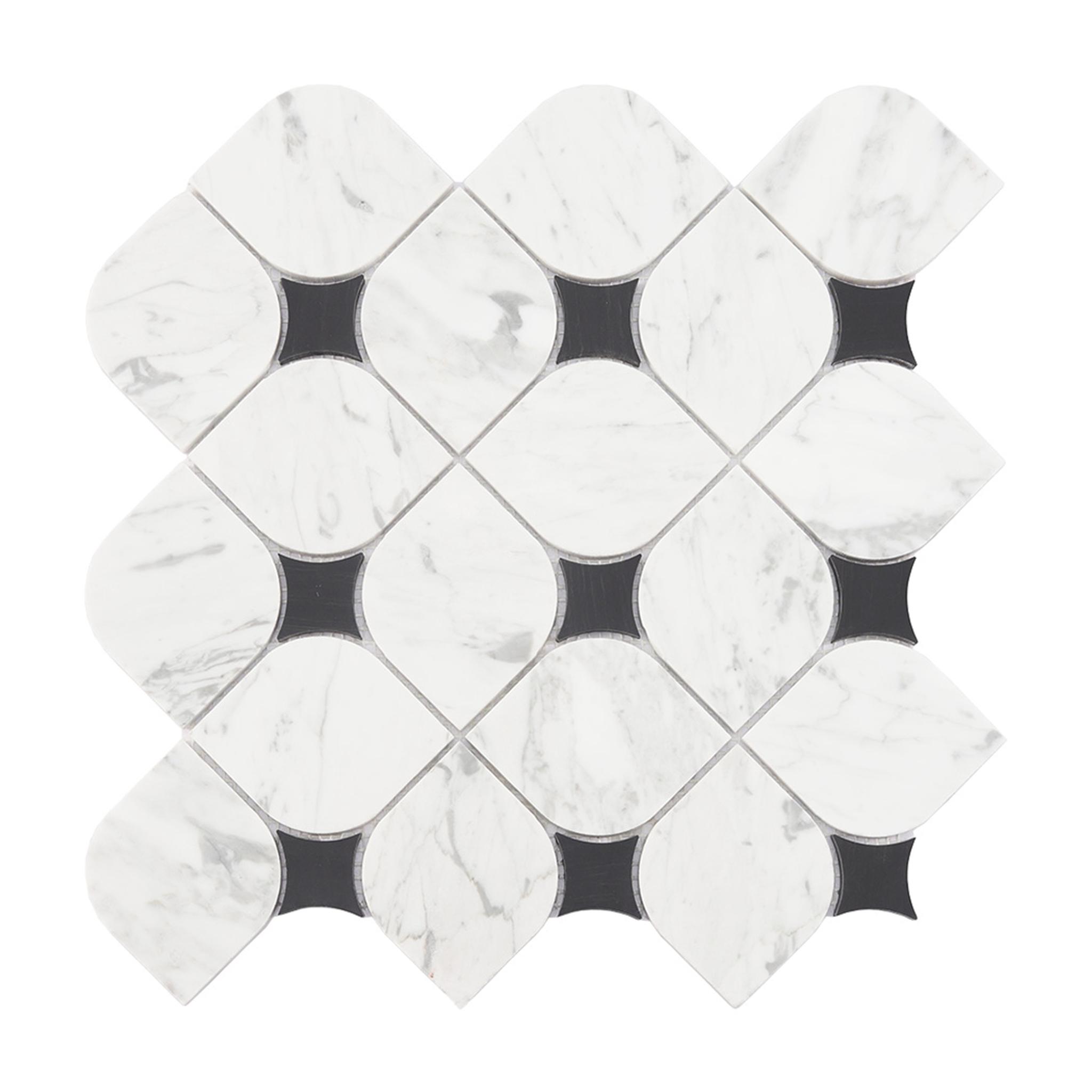White Lantern Marble Mosaic Tile with Black Square Accents — mosaic arabesque bằng đá marble đen & trắng