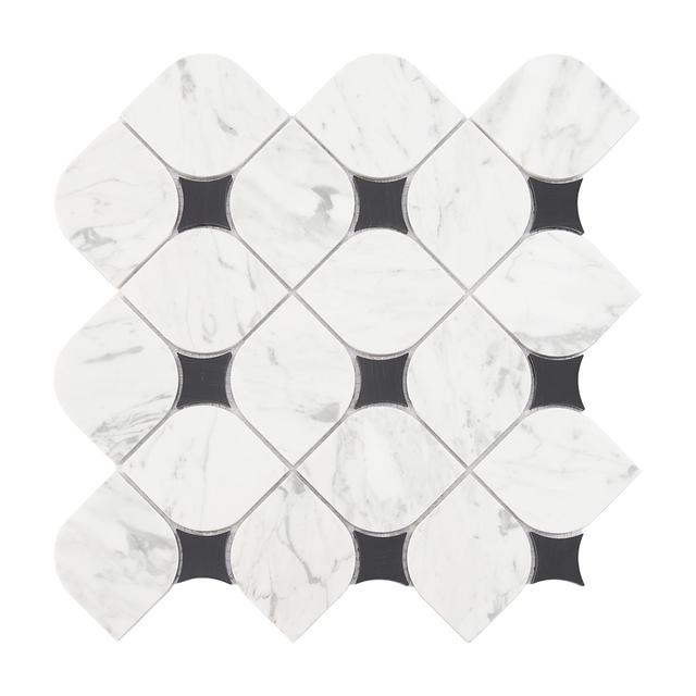White Lantern Marble Mosaic Tile with Black Square Accents — mosaic arabesque bằng đá marble đen & trắng