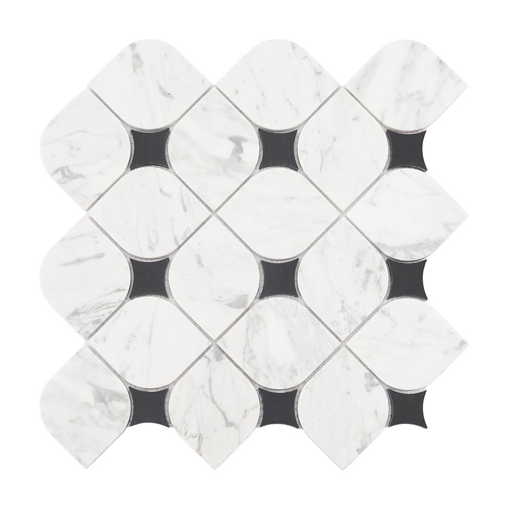 White Lantern Marble Mosaic Tile with Black Square Accents — mosaic arabesque bằng đá marble đen & trắng