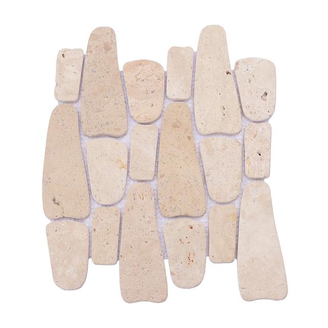 Beige Flat Pebble Travertine Mosaic Natural Stone Bathroom Floor Tile — mosaic ghép nghệ thuật bằng đá travertine beige