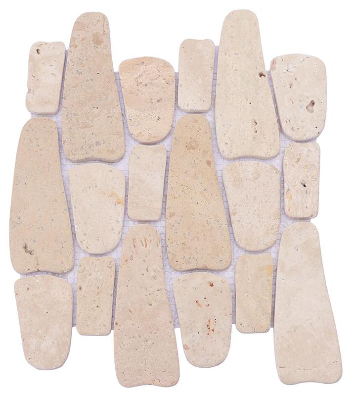 Beige Flat Pebble Travertine Mosaic Natural Stone Bathroom Floor Tile — mosaic ghép nghệ thuật bằng đá travertine beige