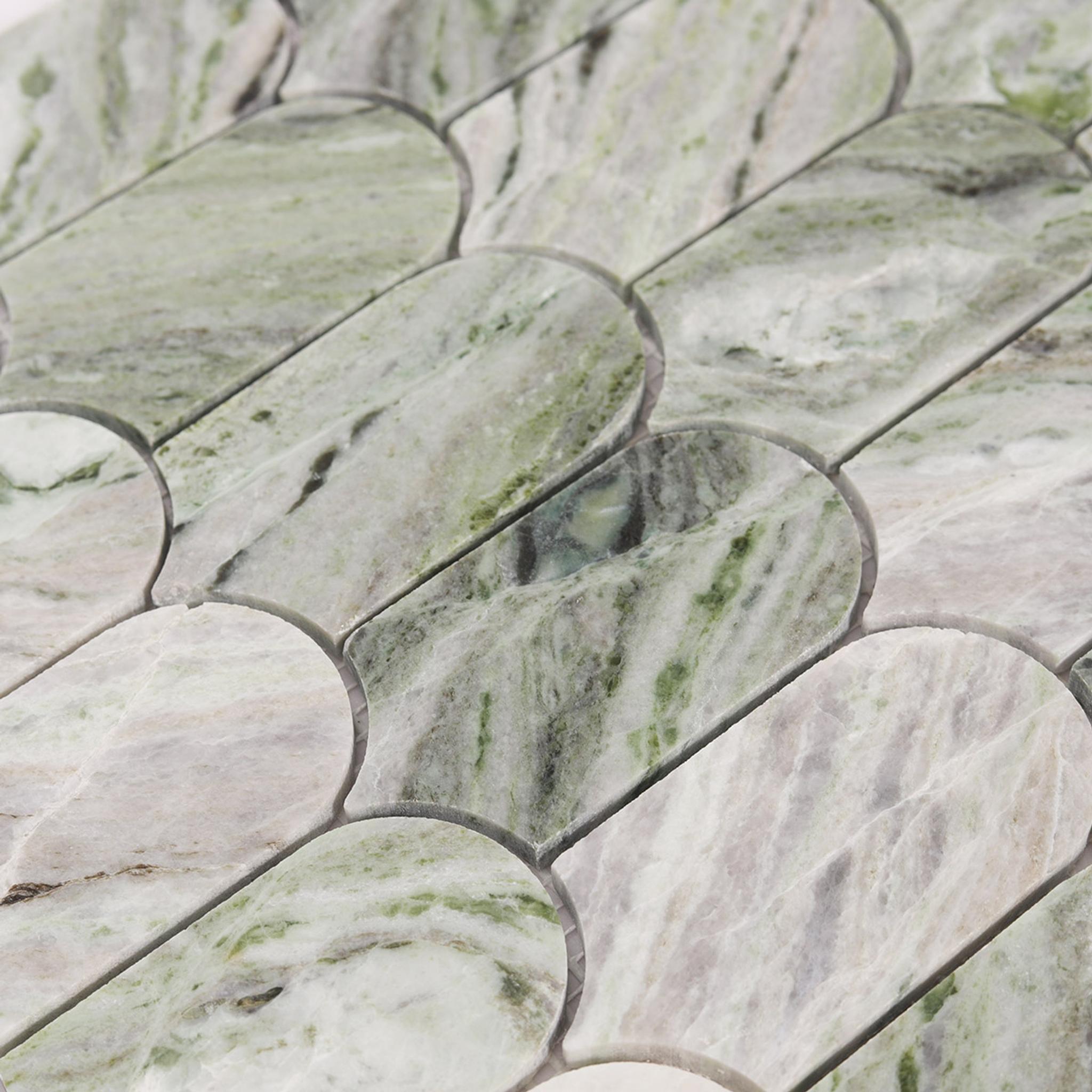 Envy Green Long Fish Scale Marble Mosaic Tiles — mosaic vảy cá (fish scale) bằng đá marble xanh lục