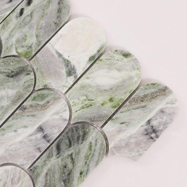 Envy Green Long Fish Scale Marble Mosaic Tiles — mosaic vảy cá (fish scale) bằng đá marble xanh lục