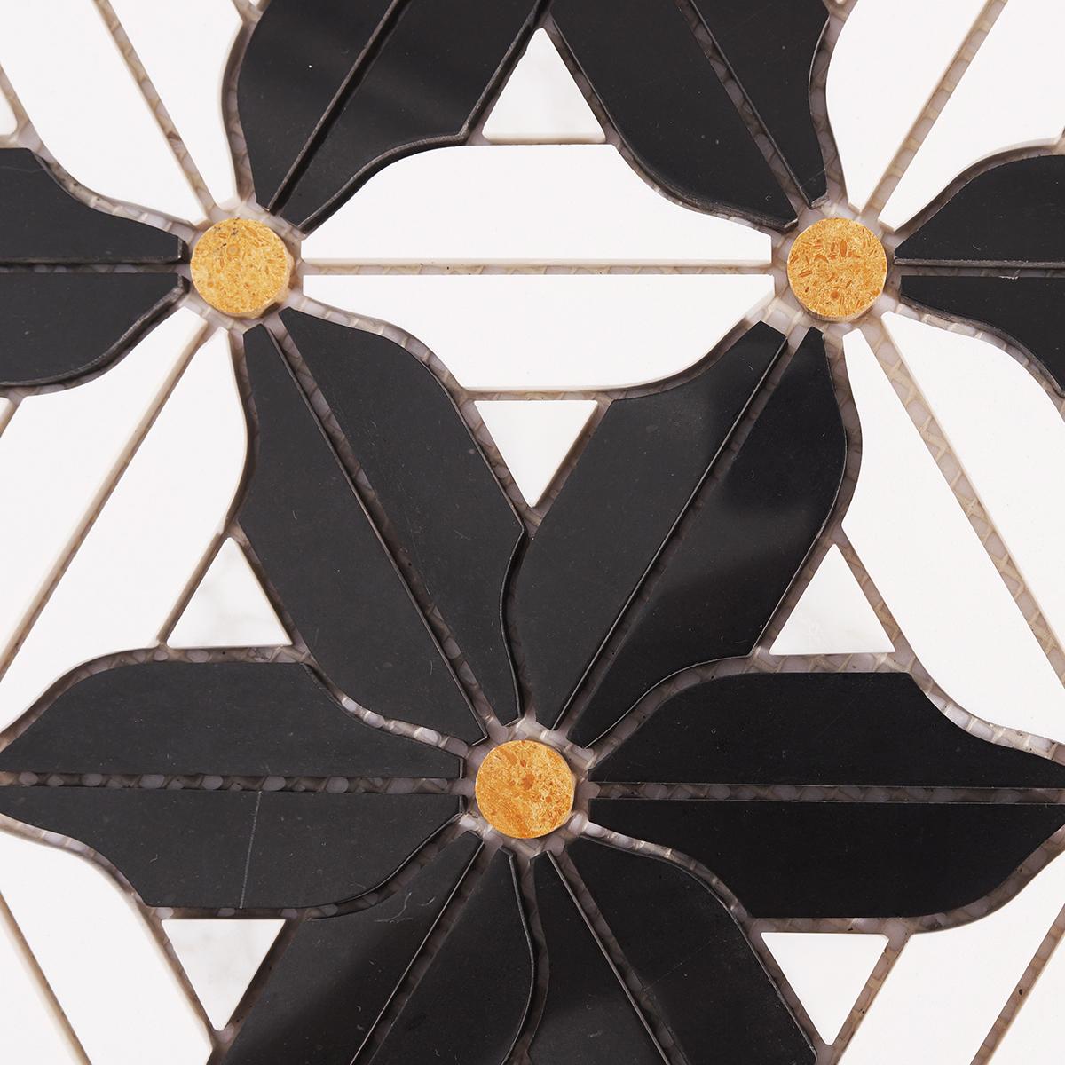 Black and White Flower Marble Mosaic — mosaic hoa văn waterjet bằng đá marble đen & trắng