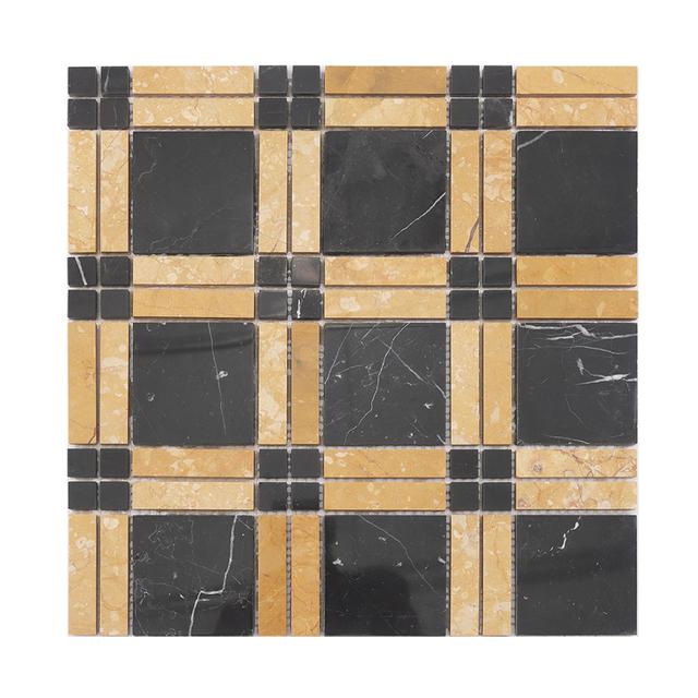 Black and Gold Plaid Marble Mosaic Bathroom Tile — mosaic ghép nghệ thuật bằng đá marble đen & vàng