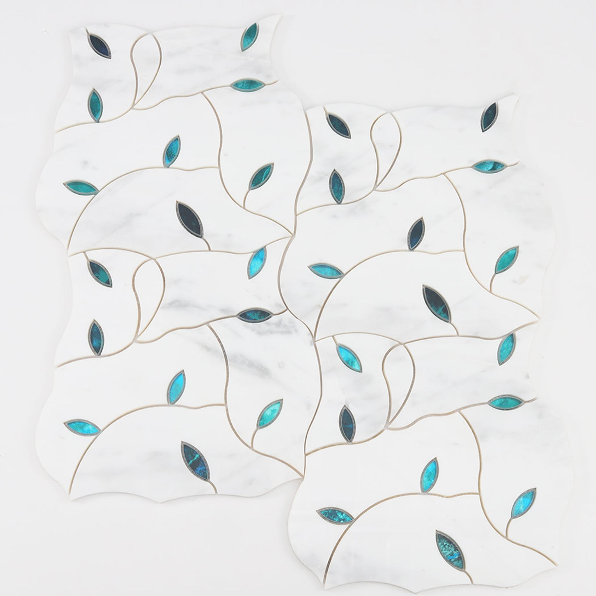 White Marble Waterjet Mosaic Wall Tile Pattern with Teal Glass Leaf — mosaic hoa văn waterjet bằng đá marble trắng