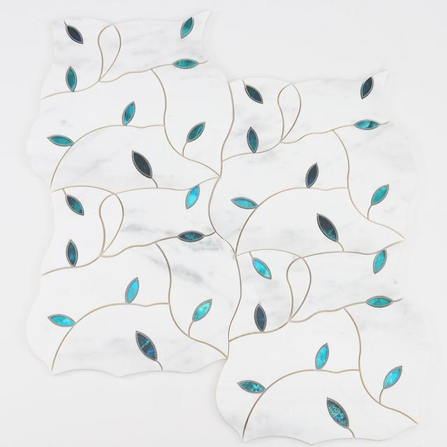 White Marble Waterjet Mosaic Wall Tile Pattern with Teal Glass Leaf — mosaic hoa văn waterjet bằng đá marble trắng