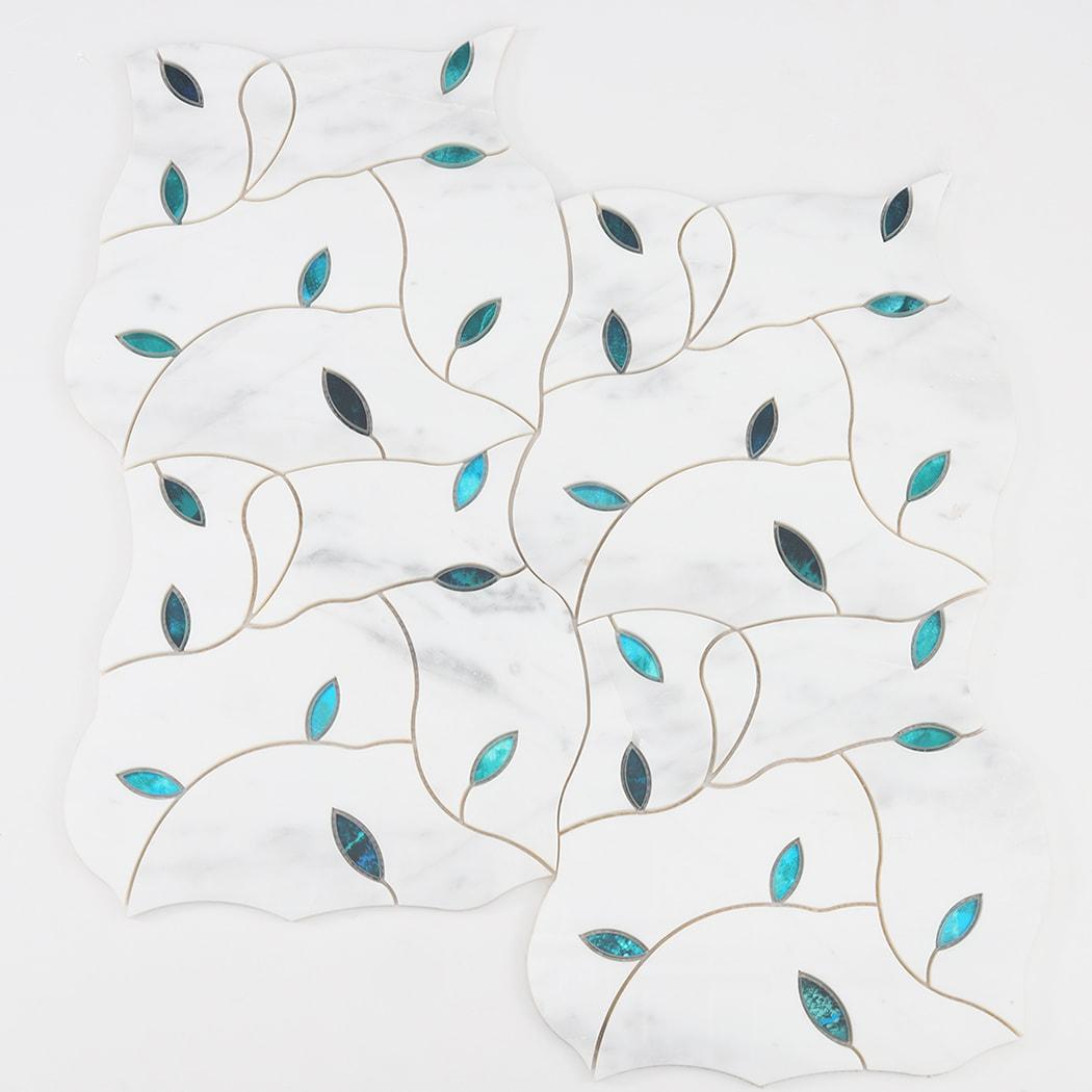 White Marble Waterjet Mosaic Wall Tile Pattern with Teal Glass Leaf — mosaic hoa văn waterjet bằng đá marble trắng