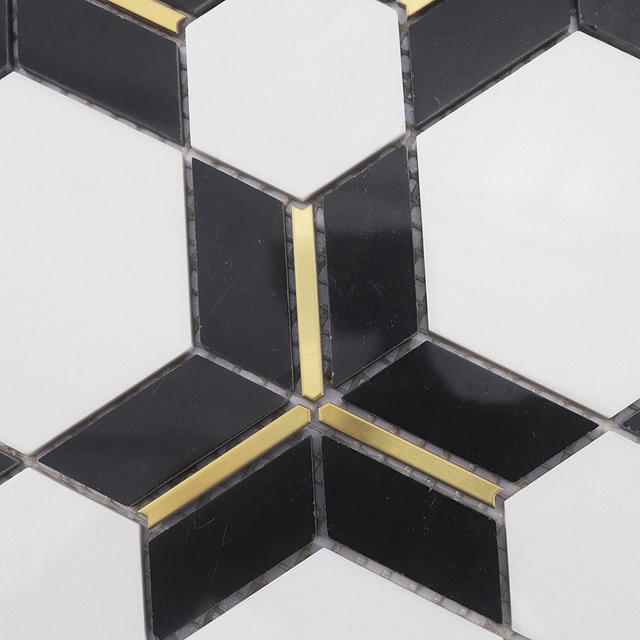 Black and White Hexagon Marble with Gold Accents — mosaic lục giác bằng đá marble đen & trắng điểm vàng