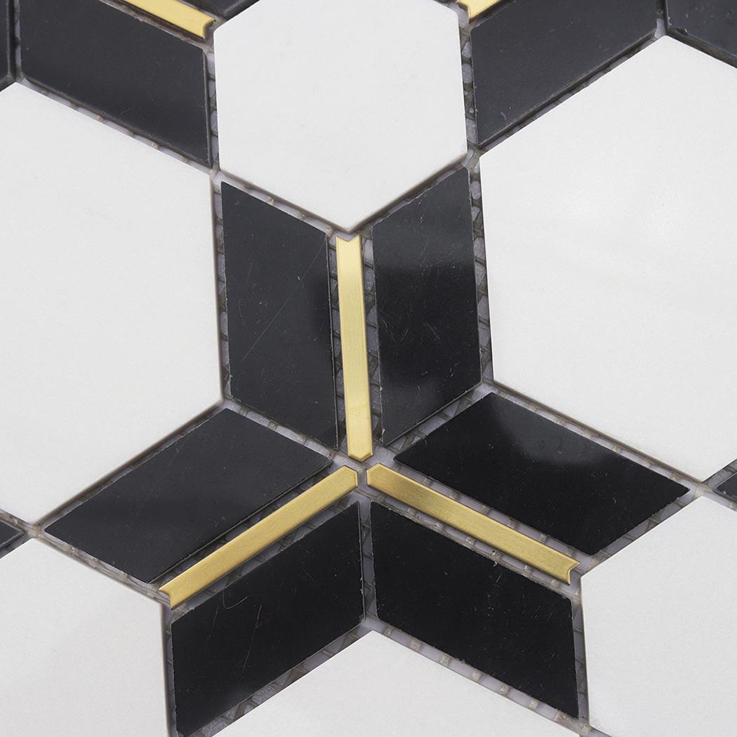 Black and White Hexagon Marble with Gold Accents — mosaic lục giác bằng đá marble đen & trắng điểm vàng