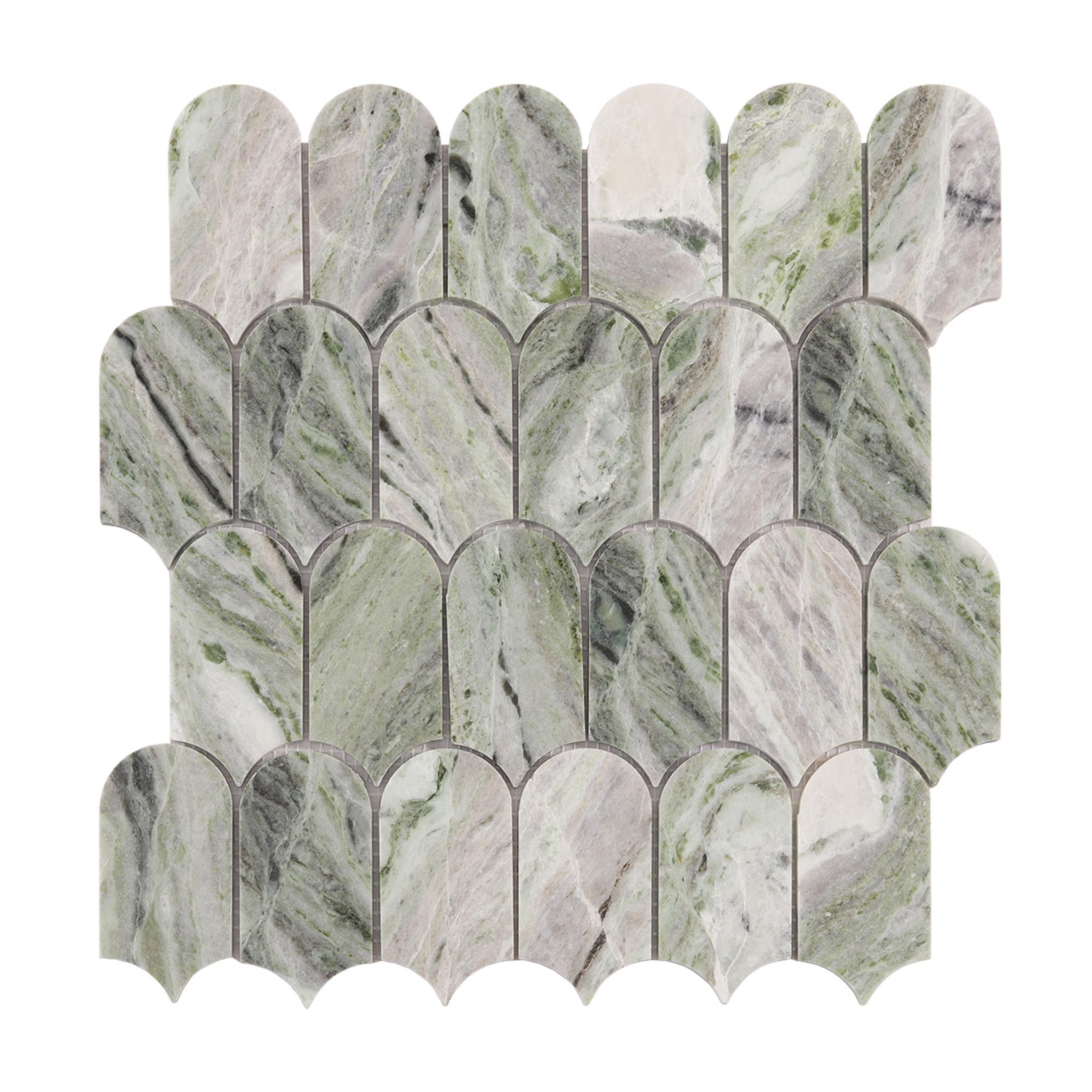 Envy Green Long Fish Scale Marble Mosaic Tiles — mosaic vảy cá (fish scale) bằng đá marble xanh lục