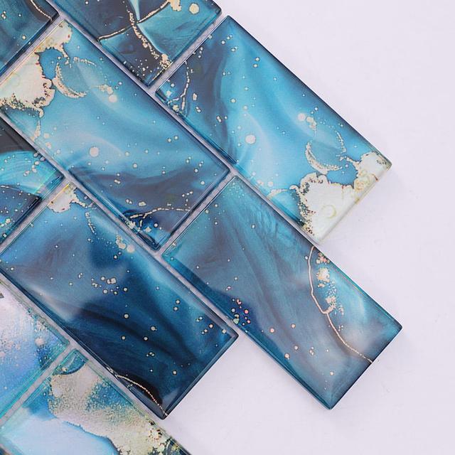 Blue Rectangular Subway Onyx Glass Mosaic Tile — mosaic subway (gạch thẻ) bằng đá onyx xanh dương