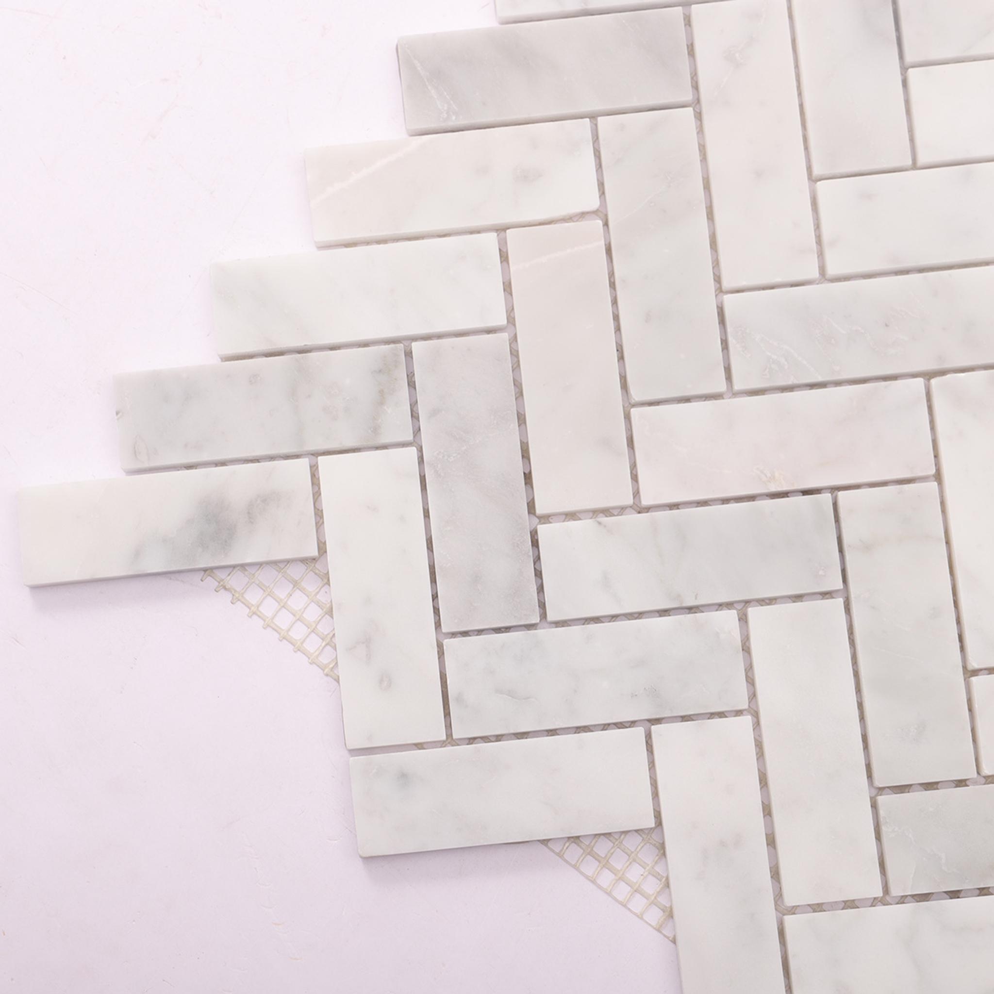 Bianco Carrara Herringbone Polished Marble Mosaic White  Tile — mosaic xương cá bằng đá marble trắng & trắng Carrara