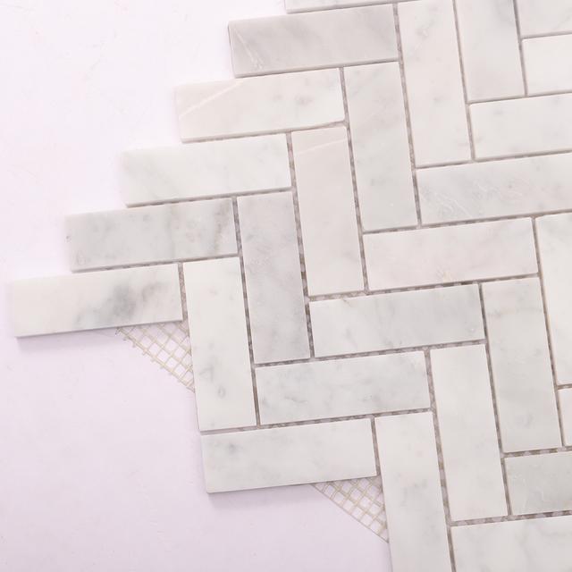 Bianco Carrara Herringbone Polished Marble Mosaic White  Tile — mosaic xương cá bằng đá marble trắng & trắng Carrara