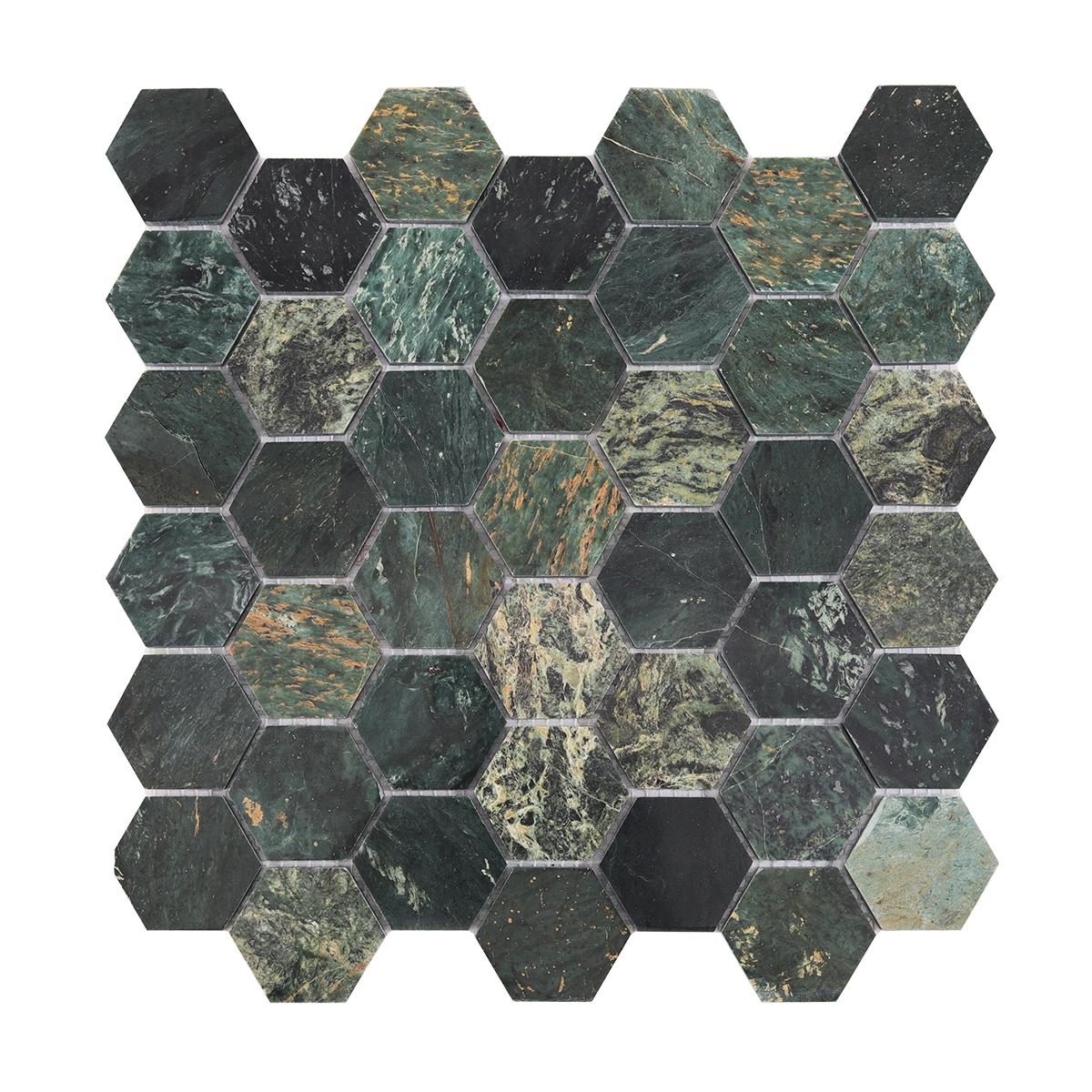 Indian Green Hexagon Natural Marble Mosaic Tile — mosaic lục giác bằng đá marble xanh lục