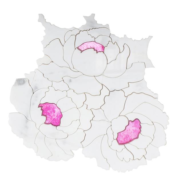 White Marble with Pink Glass Waterjet Flower Mosaic Tile — mosaic hoa văn waterjet bằng đá marble trắng & hồng