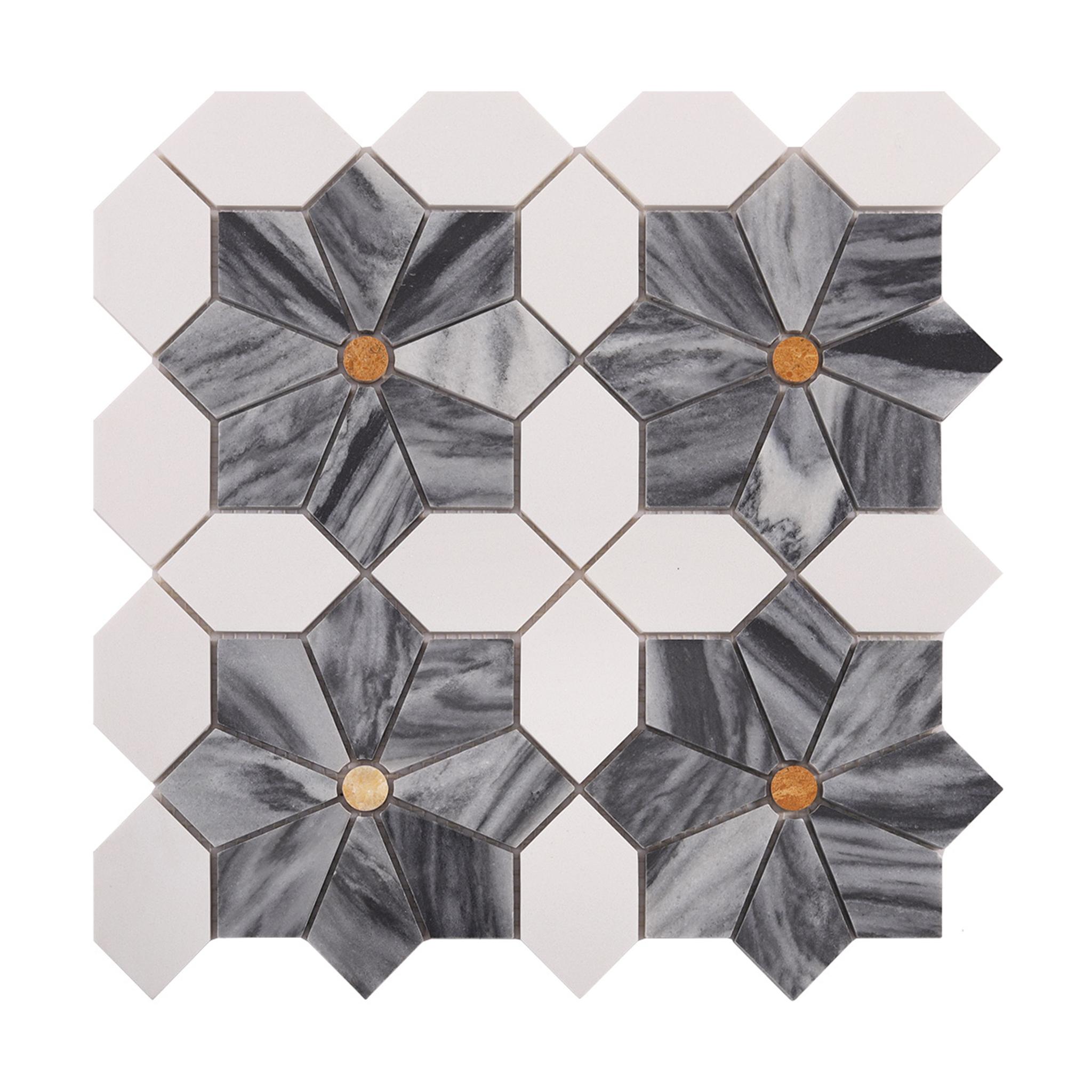 Gray and White Floral Marble Mosaic Tile with Gold Accent — mosaic hoa văn waterjet bằng đá marble trắng & vàng