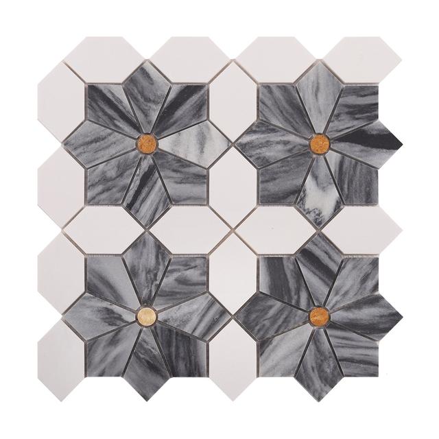 Gray Flower on White Marble Mosaic with Gold Dot - Nhụy Chấm Vàng Đồng — Rochelle Rochelle Stone