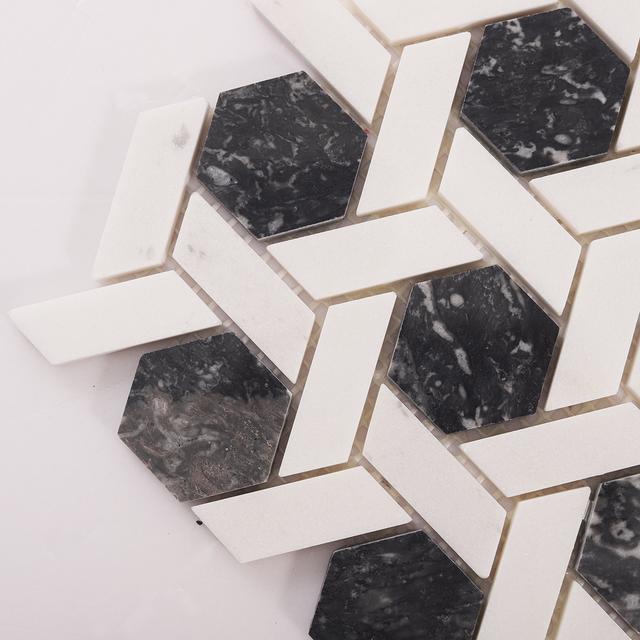 Gray and White Hexagonal Lattice Marble Tiles — mosaic lục giác bằng đá marble trắng & xám