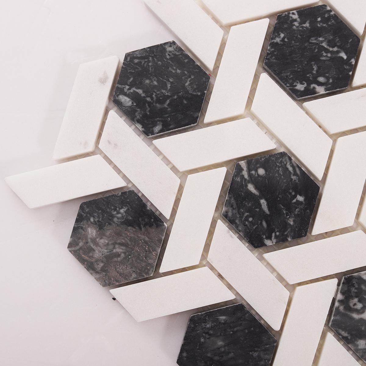 Gray and White Hexagonal Lattice Marble Tiles — mosaic lục giác bằng đá marble trắng & xám