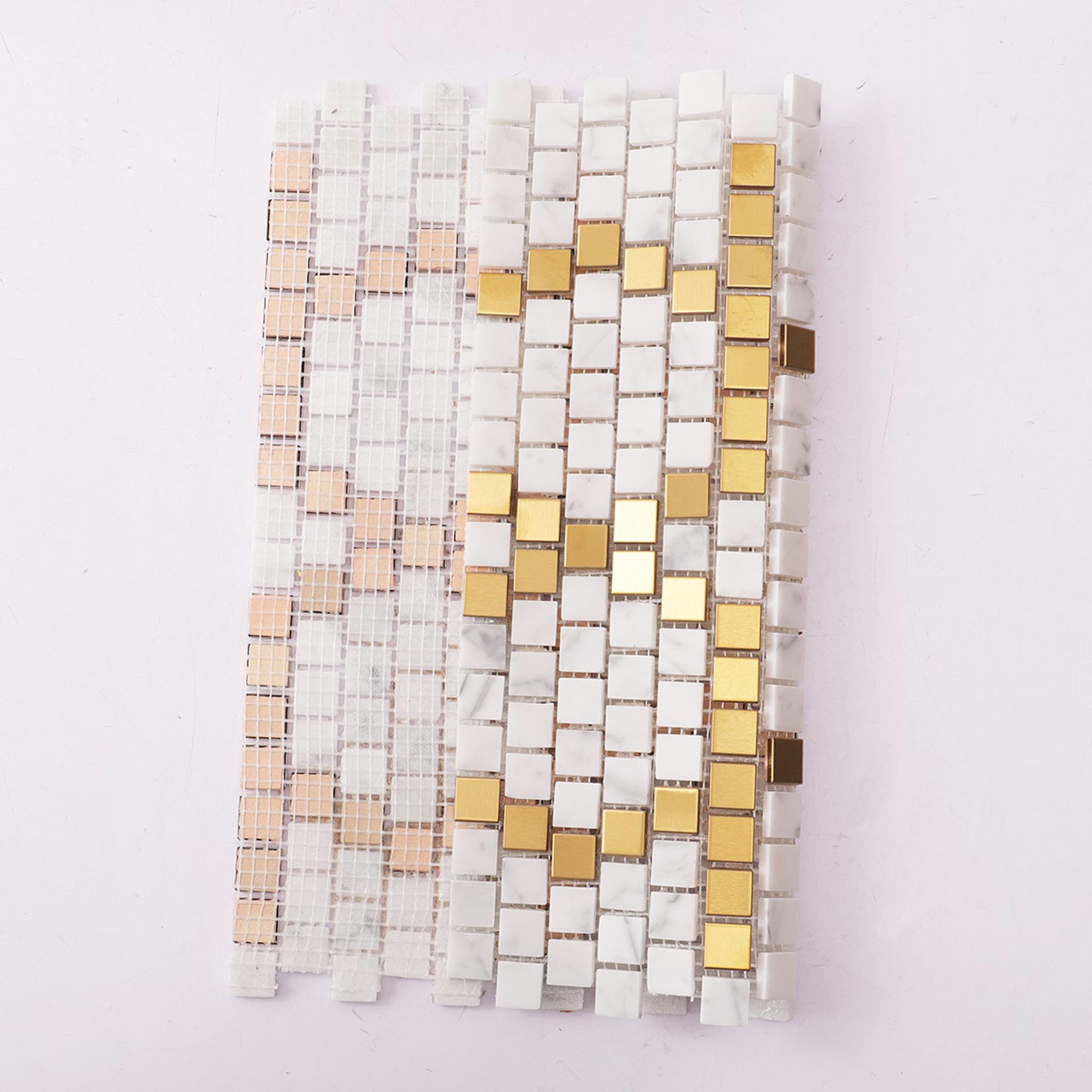 White and Gold Pattern Mosaic Tile Pixel Art — mosaic ghép nghệ thuật bằng đá marble trắng & vàng