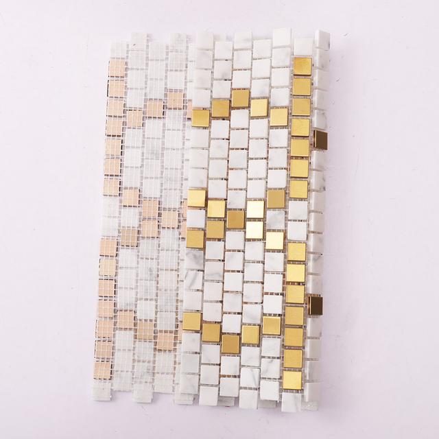 White and Gold Pattern Mosaic Tile Pixel Art — mosaic ghép nghệ thuật bằng đá marble trắng & vàng