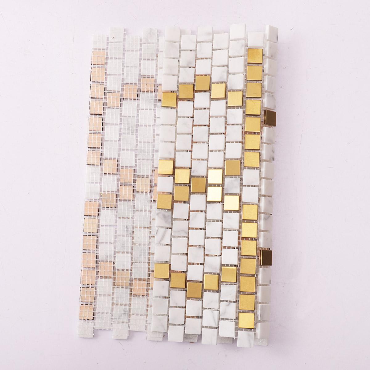 White and Gold Pattern Mosaic Tile Pixel Art — mosaic ghép nghệ thuật bằng đá marble trắng & vàng