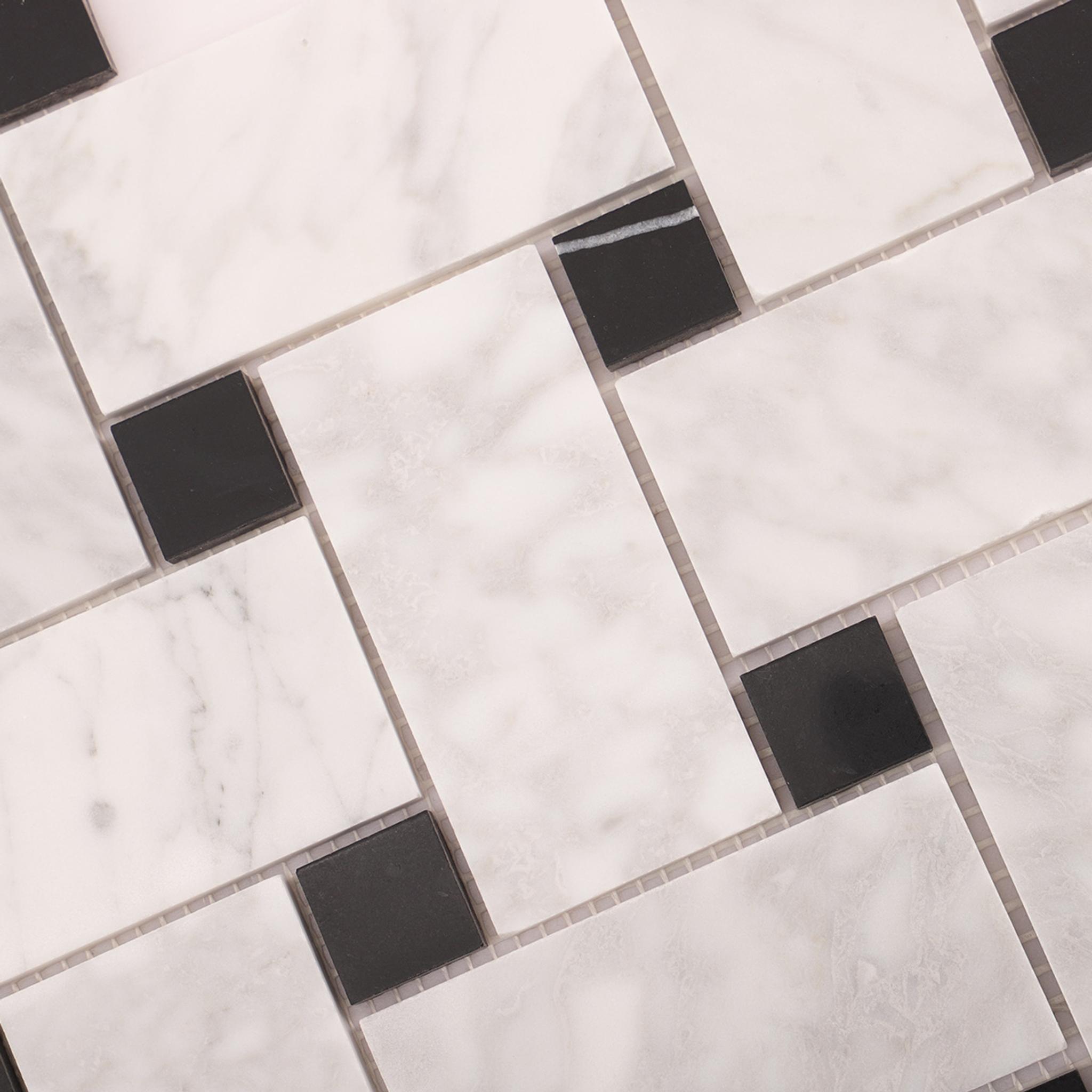 Carrara White Basketweave Marble Mosaic Tiles — mosaic đan rổ (basketweave) bằng đá marble trắng & trắng Carrara