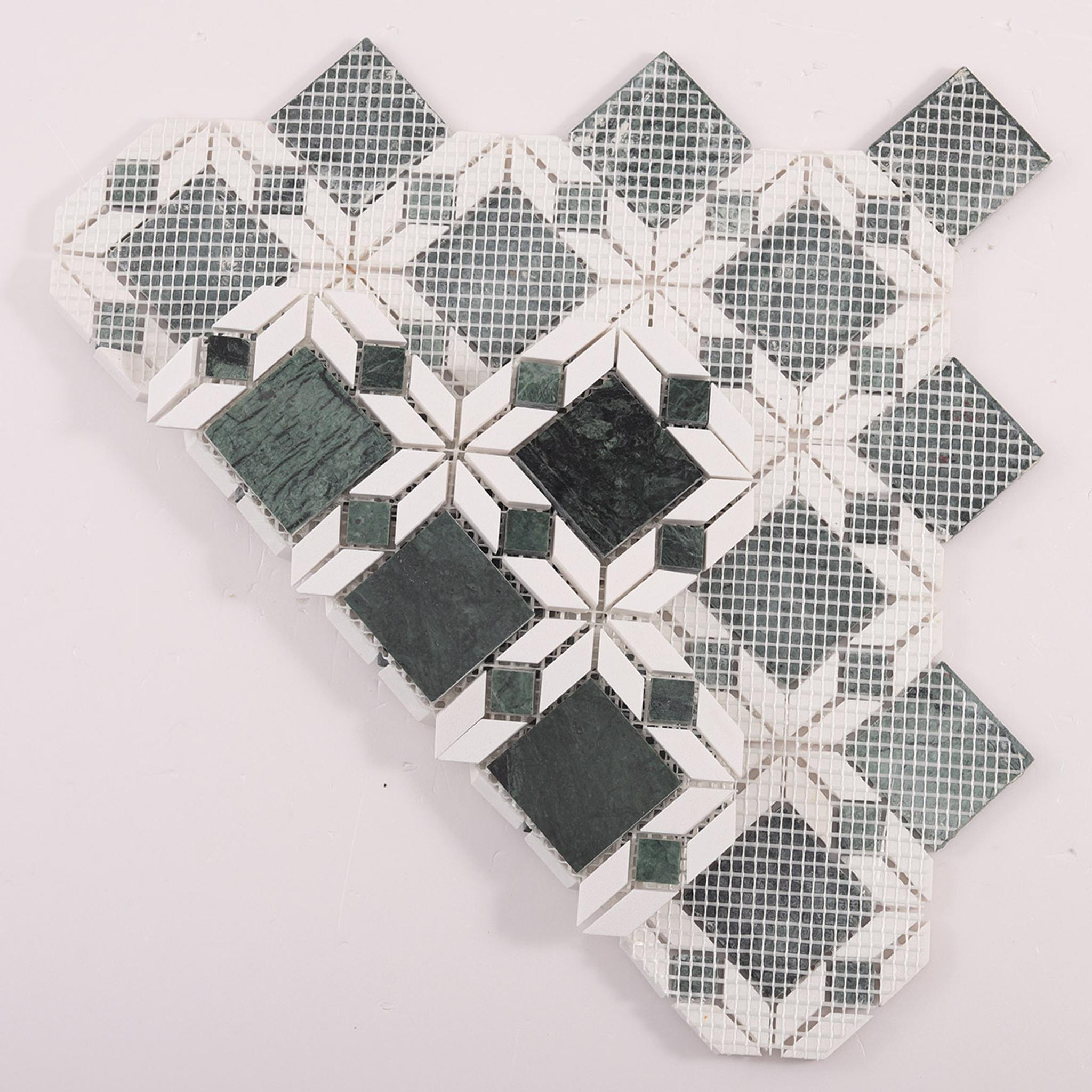 Green and White Marble Flower Mosaic Tiles — mosaic hoa văn waterjet bằng đá marble trắng & xanh lục