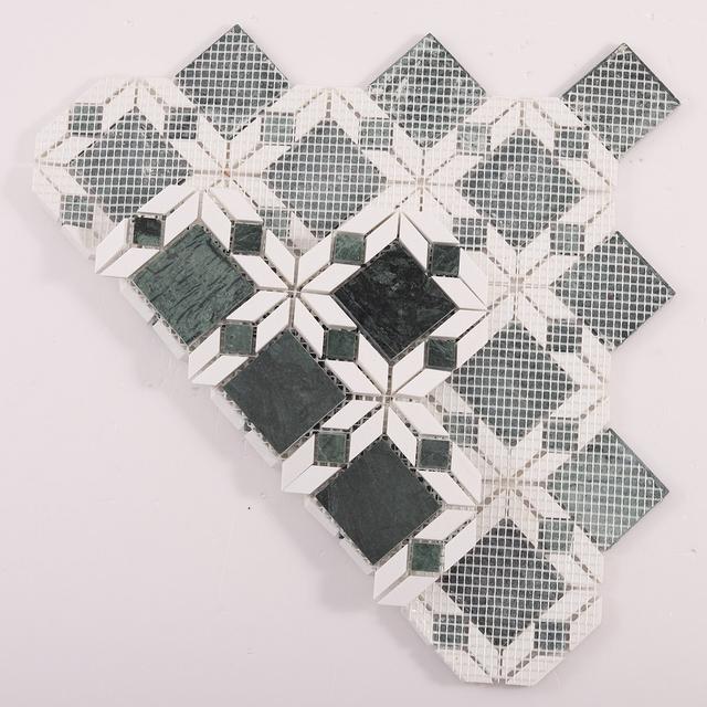 Green and White Marble Flower Mosaic Tiles — mosaic hoa văn waterjet bằng đá marble trắng & xanh lục
