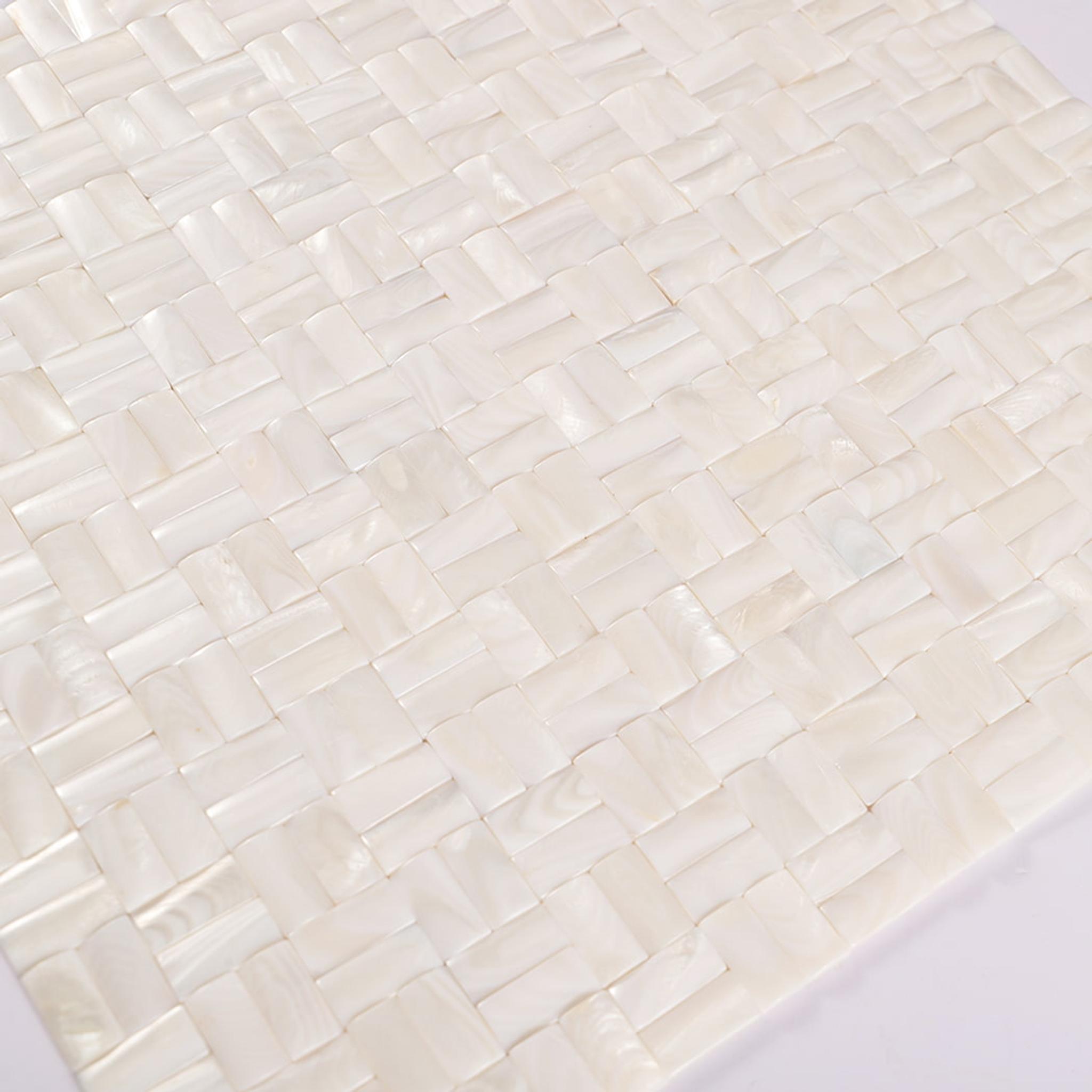 3D White Mother of Pearl Basket Weave Mosaic Tile — mosaic đan rổ (basketweave) bằng xà cừ trắng