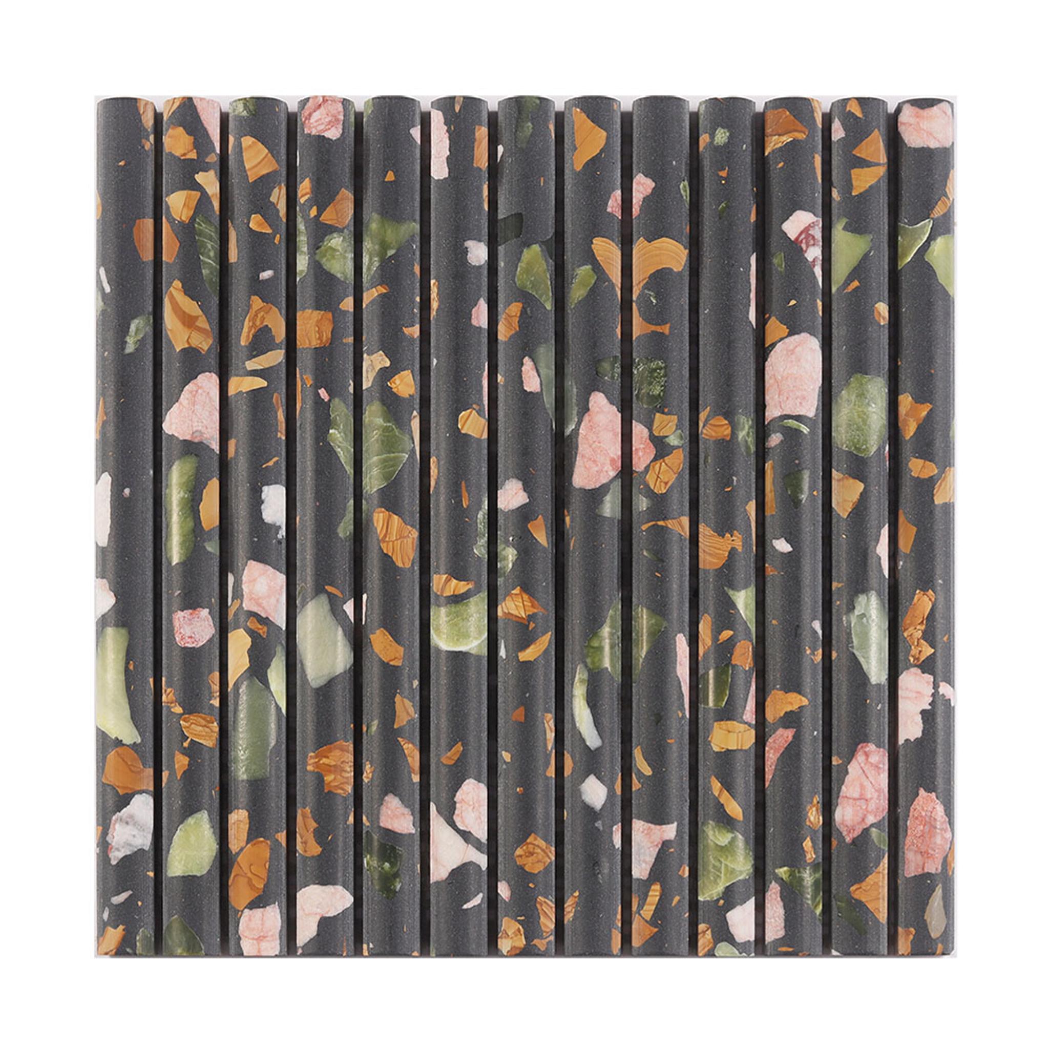 Black Terrazzo Fluted Wall Mosaic Tile for Powder Room and Walls — mosaic rãnh sọc (fluted) bằng đá terrazzo đen