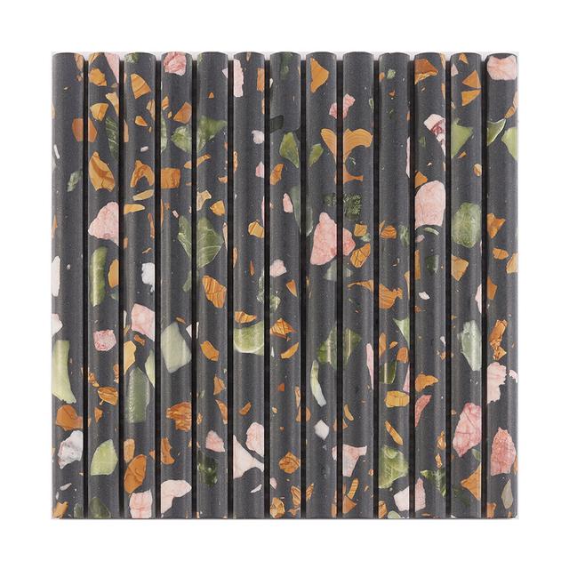 Black Terrazzo Fluted Wall Mosaic Tile for Powder Room and Walls — mosaic rãnh sọc (fluted) bằng đá terrazzo đen