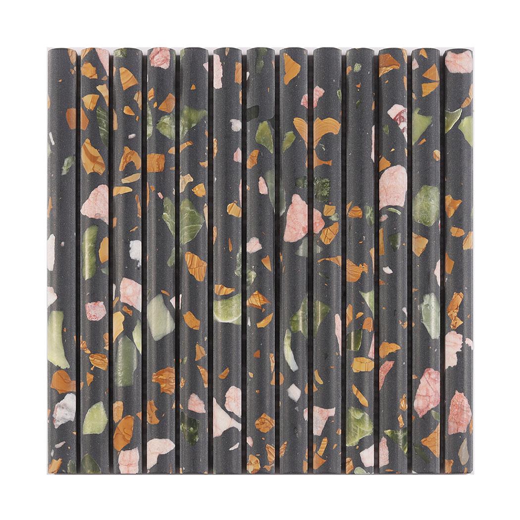 Black Terrazzo Fluted Wall Mosaic Tile for Powder Room and Walls — mosaic rãnh sọc (fluted) bằng đá terrazzo đen