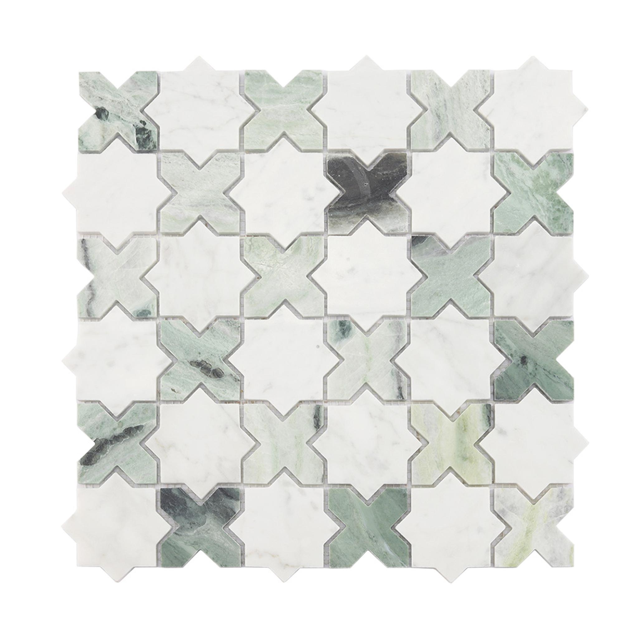 Geometria Marble Star Floor Tile White and Green Mosaic Wall — mosaic ghép nghệ thuật bằng đá marble trắng & xanh lục