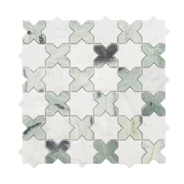 Geometria Marble Star Tile — White Star & Green Cross — Rochelle Rochelle Stone