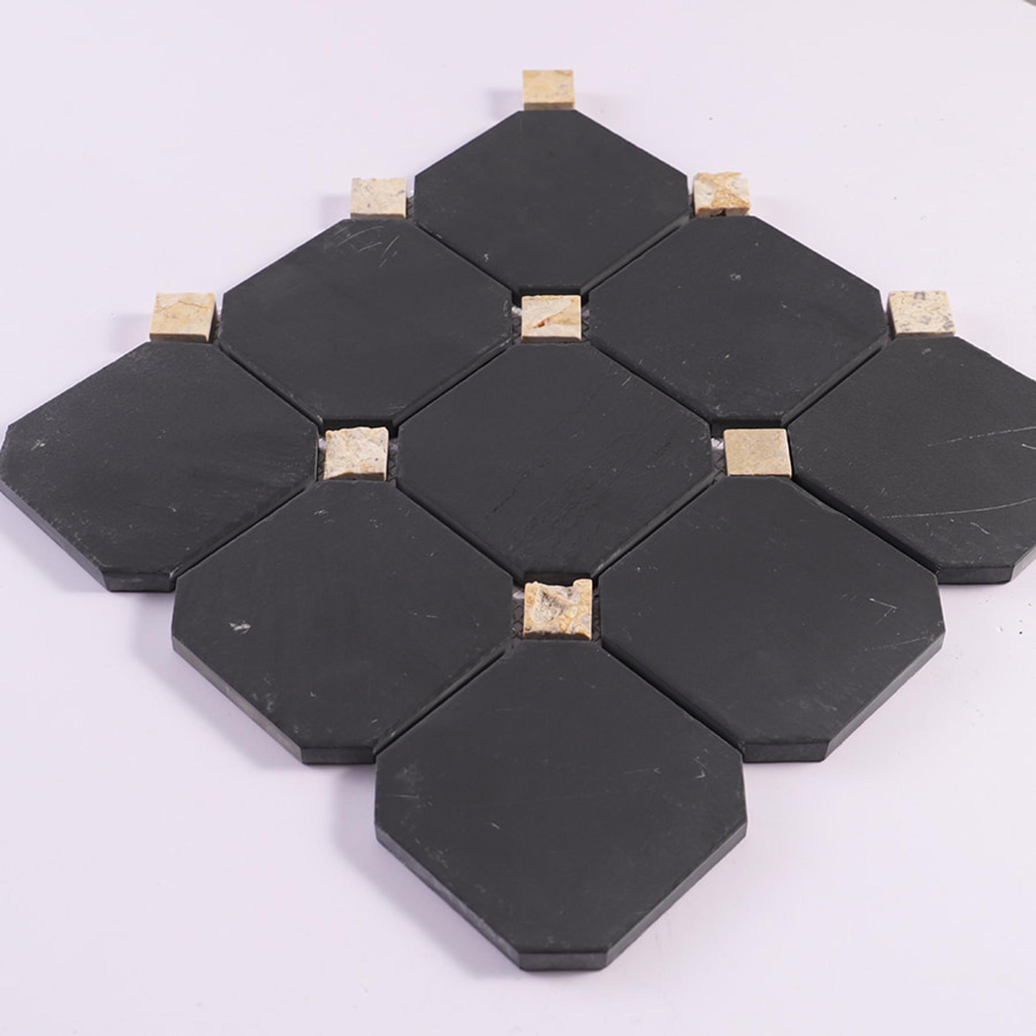 Black Octagon With Beige Square Accent Marble Tile Bathroom Mosaic — mosaic vuông bằng đá marble đen & beige