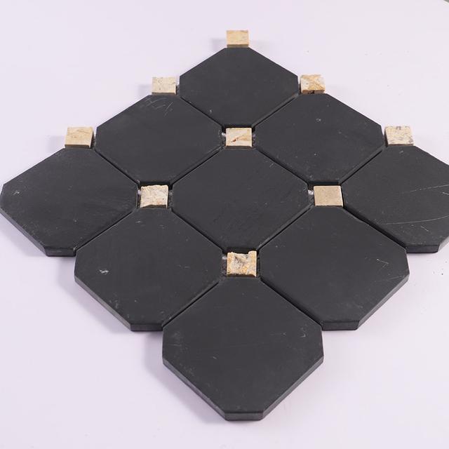Black Octagon With Beige Square Accent Marble Tile Bathroom Mosaic — mosaic vuông bằng đá marble đen & beige