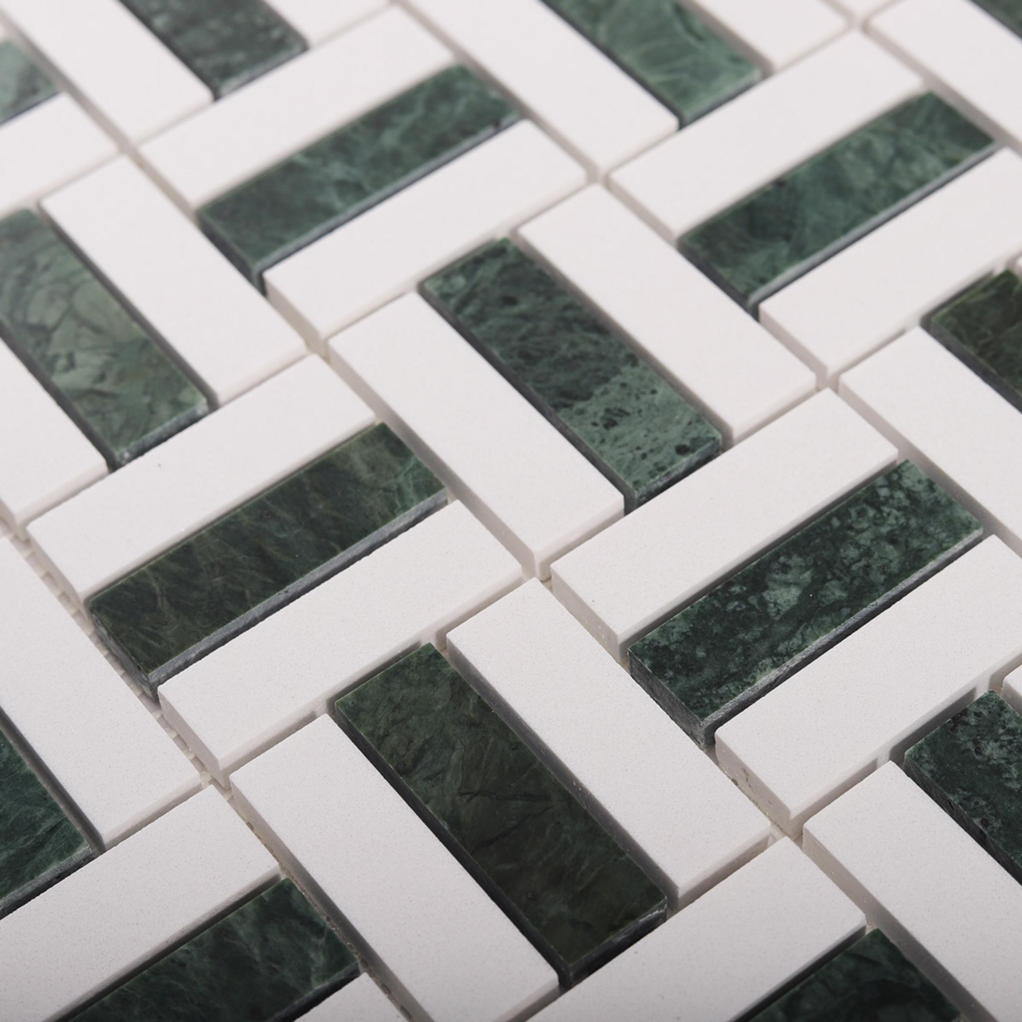 Empress Green and White Basketweave Marble Mosaic Tiles — mosaic đan rổ (basketweave) bằng đá marble trắng & xanh lục