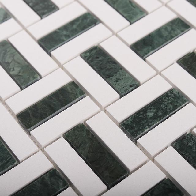 Empress Green and White Basketweave Marble Mosaic Tiles — mosaic đan rổ (basketweave) bằng đá marble trắng & xanh lục