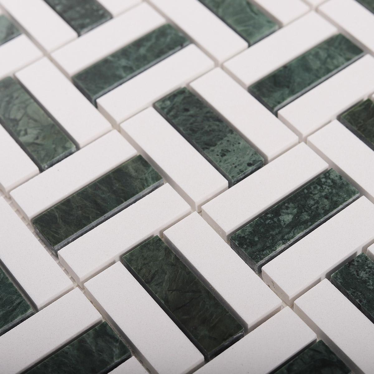 Empress Green and White Basketweave Marble Mosaic Tiles — mosaic đan rổ (basketweave) bằng đá marble trắng & xanh lục