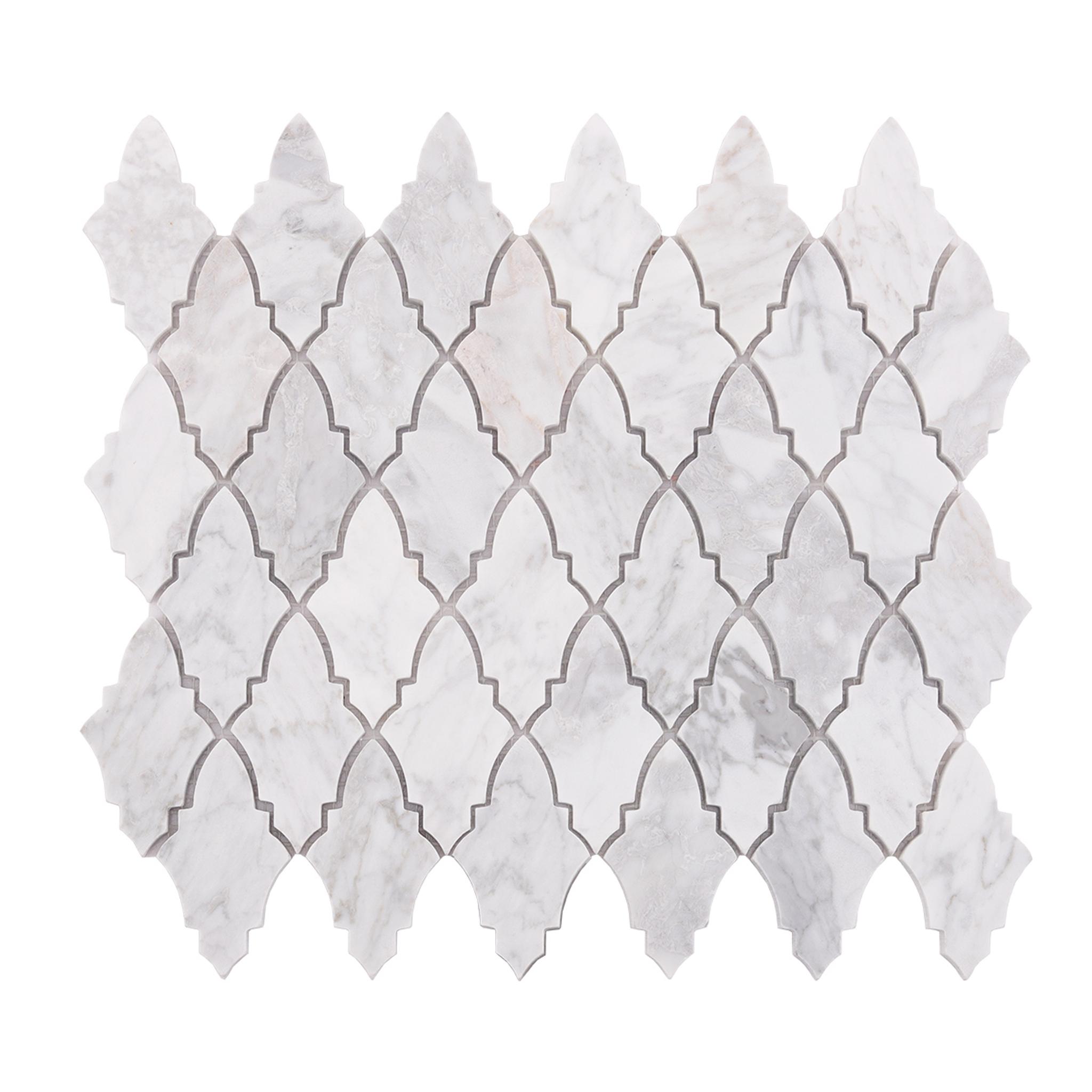 Arabesque Carrara White Polished Honed Marble Mosaic Tile — mosaic arabesque bằng đá marble trắng & trắng Carrara