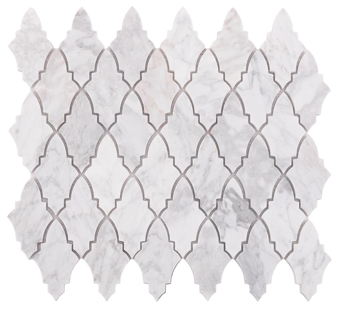 Arabesque Carrara White Polished Honed Marble Mosaic Tile — mosaic arabesque bằng đá marble trắng & trắng Carrara