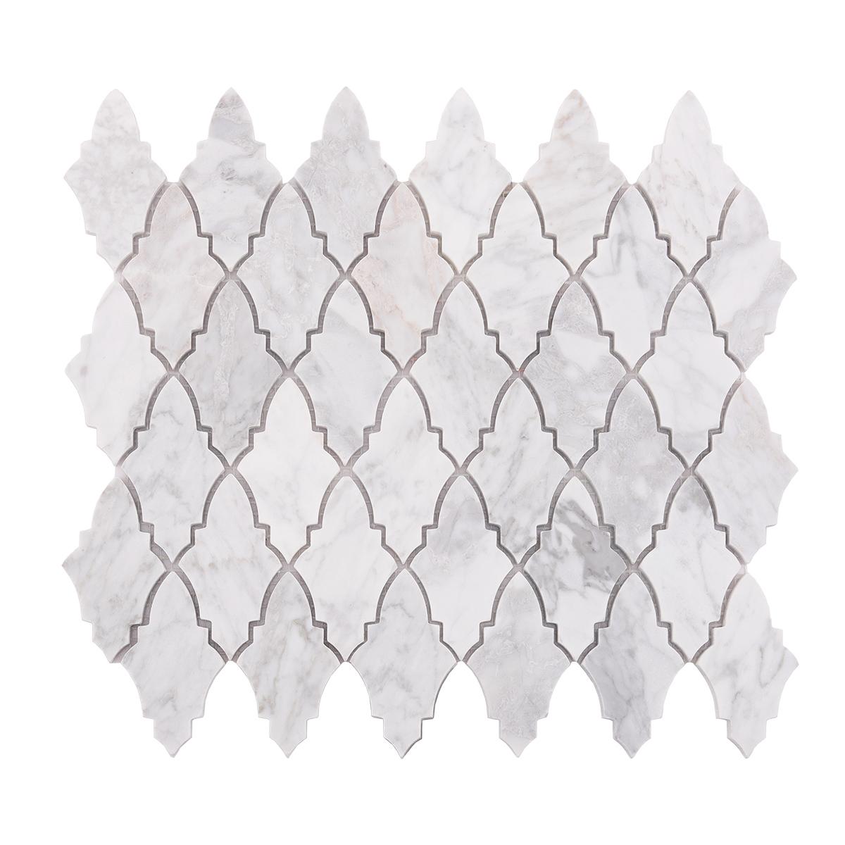 Arabesque Carrara White Polished Honed Marble Mosaic Tile — mosaic arabesque bằng đá marble trắng & trắng Carrara