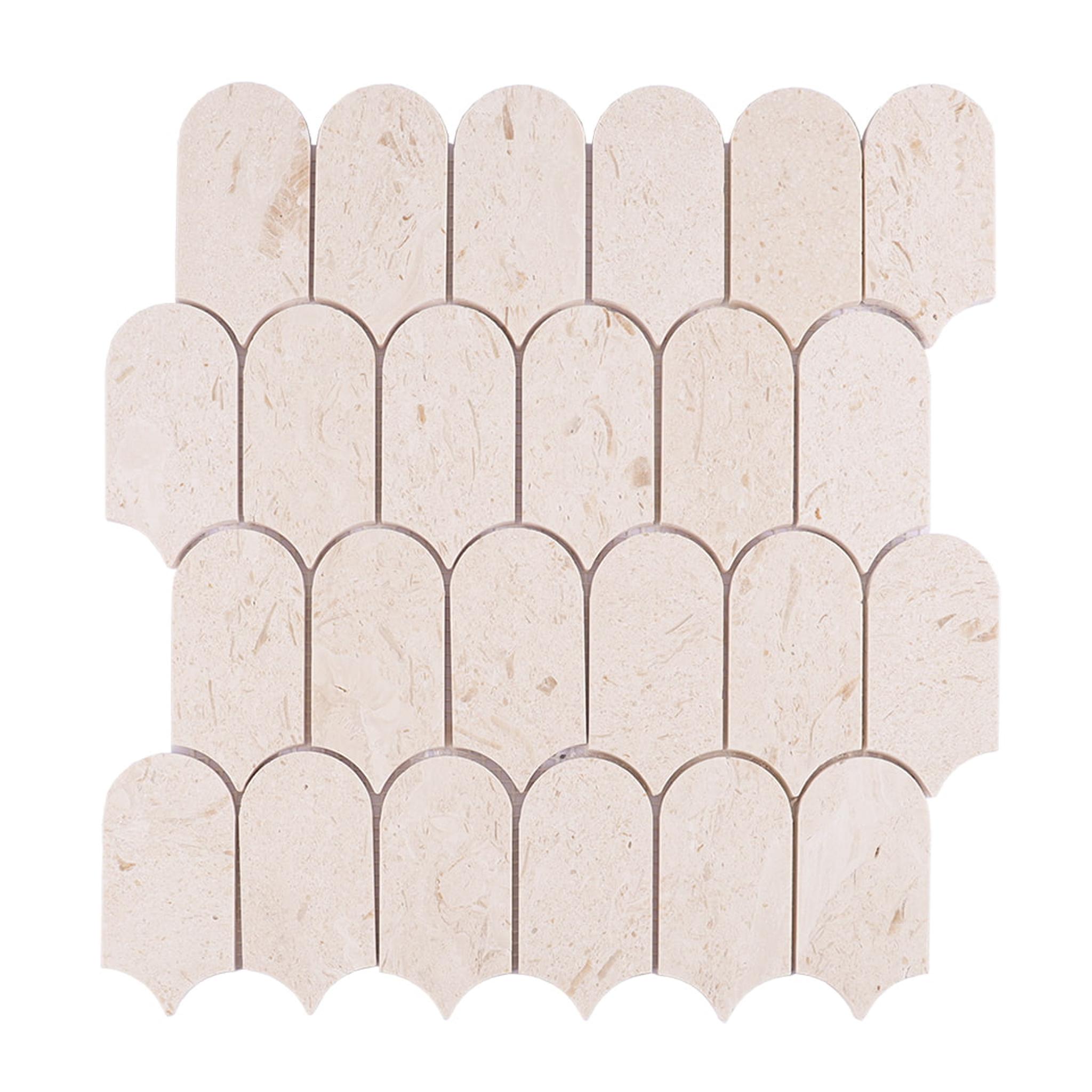 Beige Elongated Fish Scale Travertine Mosaic — mosaic vảy cá (fish scale) bằng đá travertine beige