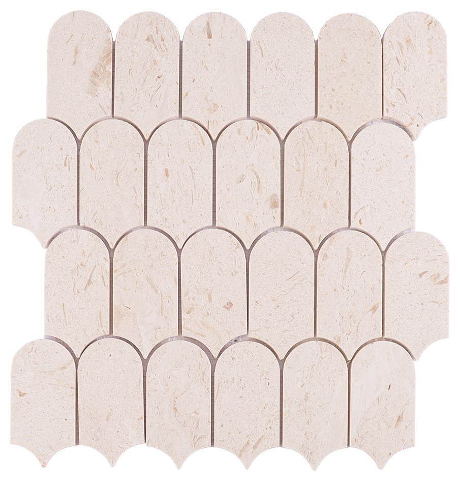 Beige Elongated Fish Scale Travertine Mosaic — mosaic vảy cá (fish scale) bằng đá travertine beige