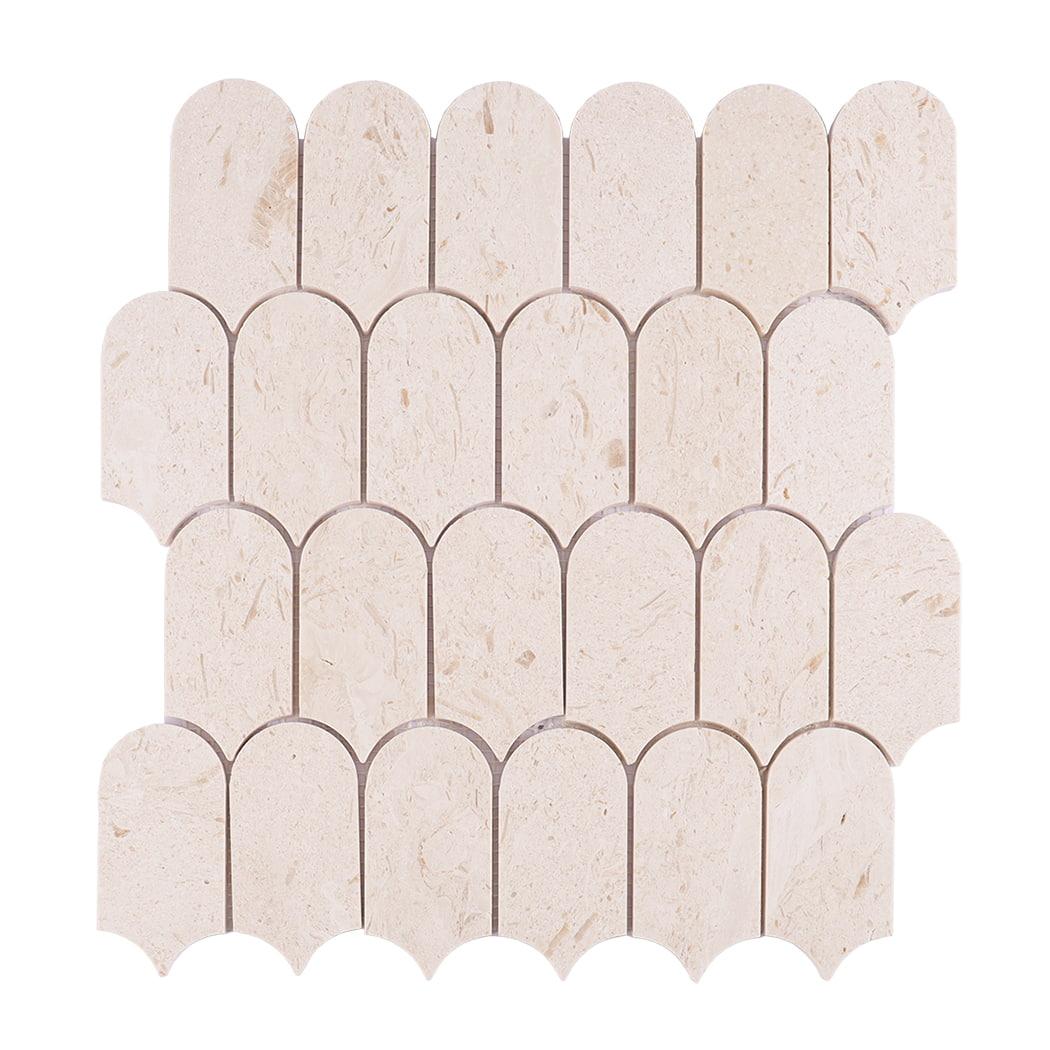 Beige Elongated Fish Scale Travertine Mosaic — mosaic vảy cá (fish scale) bằng đá travertine beige