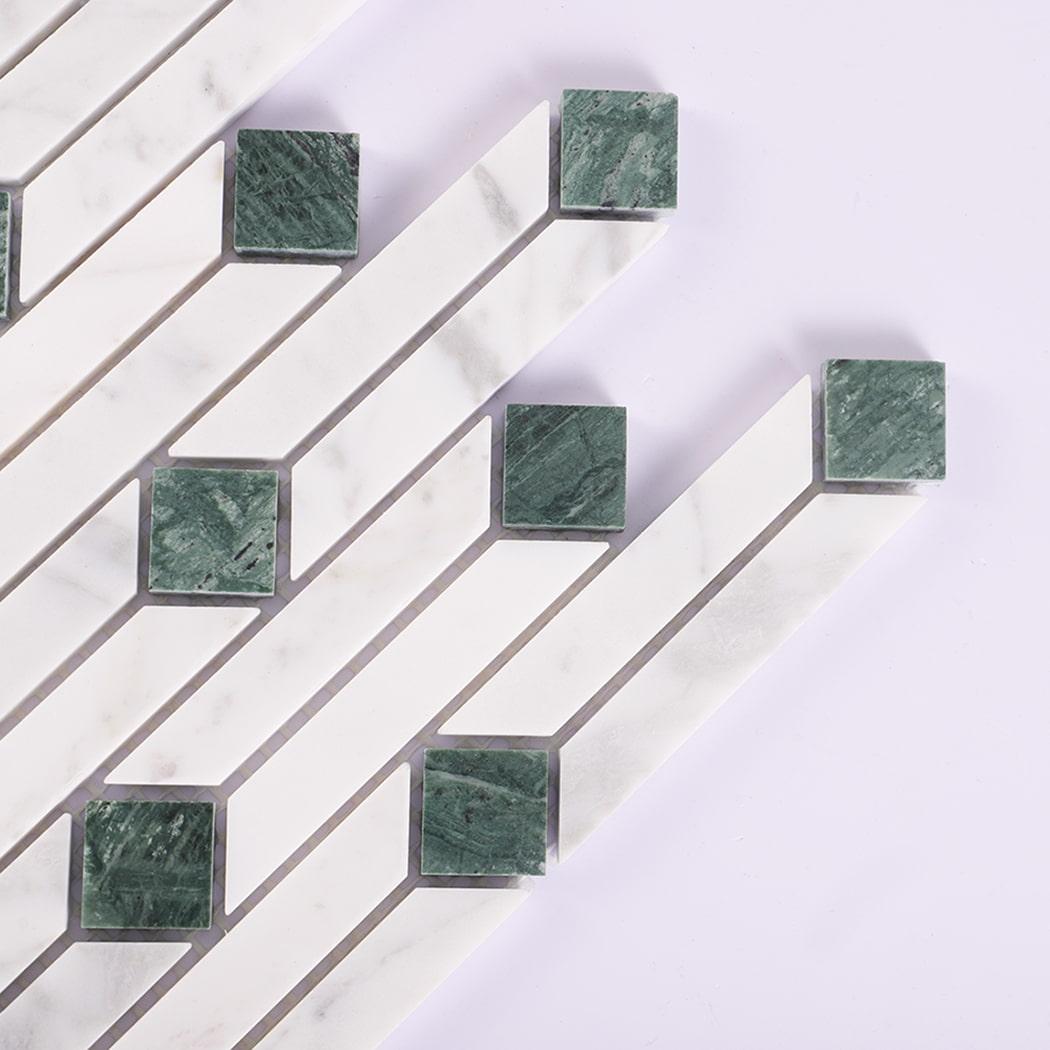 White and Green Marble Mosaic Floor Tile Geometric Pattern — mosaic ghép nghệ thuật bằng đá marble trắng & xanh lục
